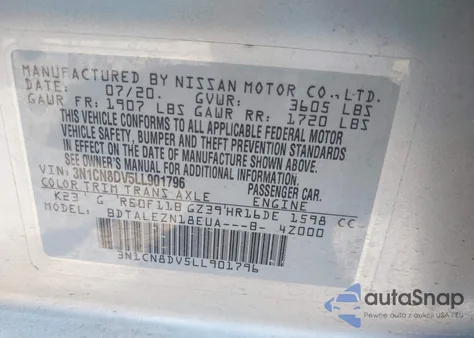 2020 Nissan Versa S Xtronic Cvt из США, поврежденный, VIN 3N1CN8DV5LL901796